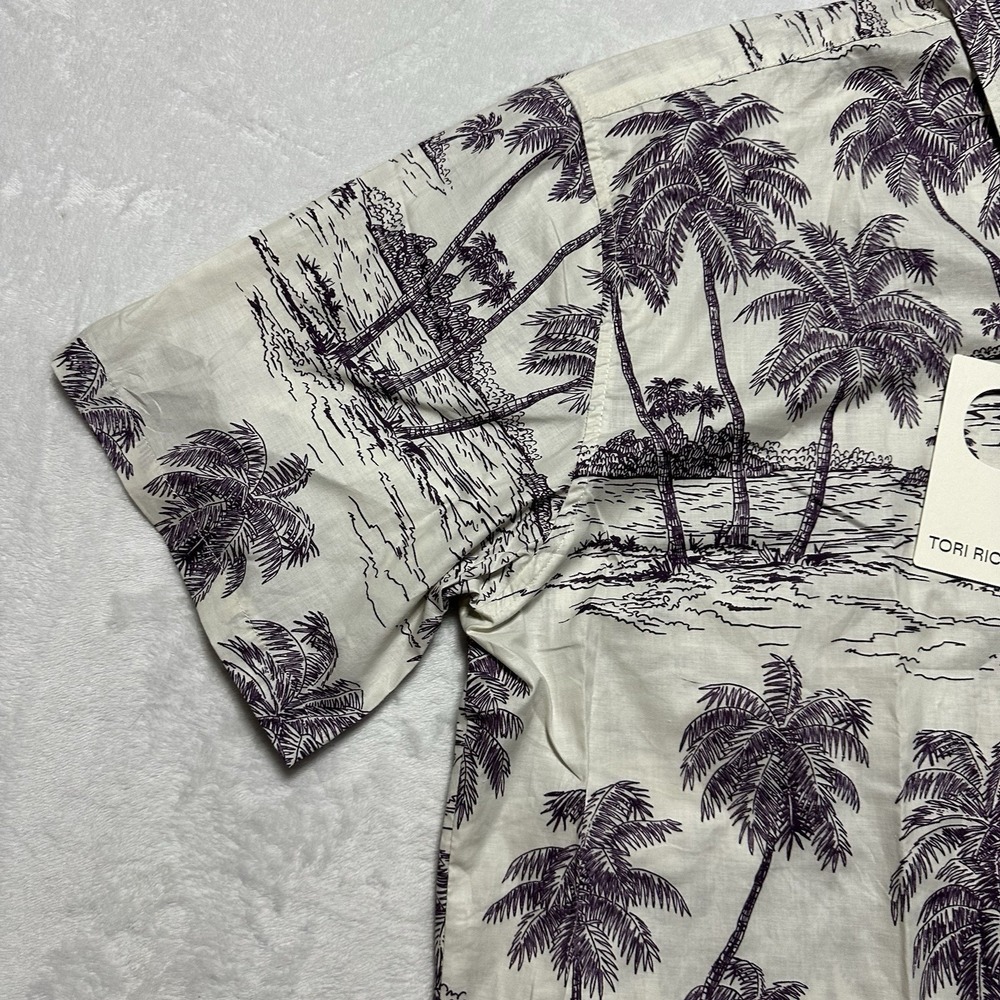 Tori Richard 2XL Aloha Shirt Cotton Coastal Engraving Purple Palm Tree Scenic - Picture 3 of 11